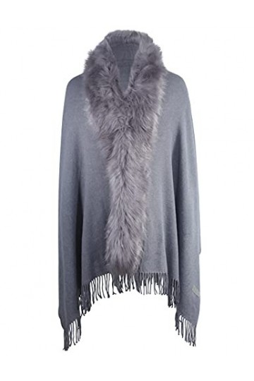 ZLYC Poncho dhiver en fausse fourrure pour femme, Gris uni.,