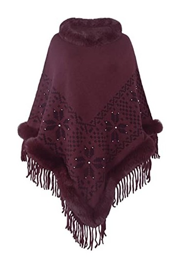 Shmily Girl Poncho Femme Châle Femme Écharpe Ouvert Cape Automne Hiver Chaud Style C-Rouge vin 