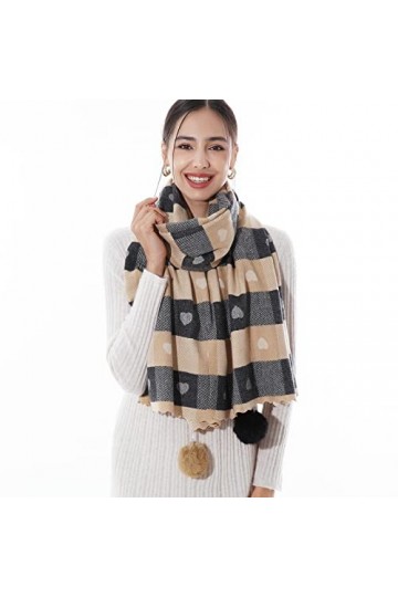 RIIQIICHY Écharpe à carreaux pashmina châle pour femme longue et grande écharpe dhiver chaude épaisse avec pompon en fourrur
