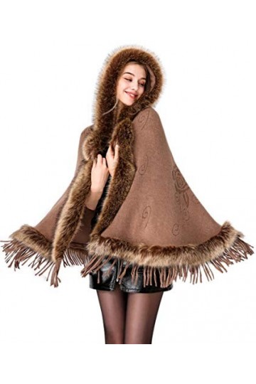 BEAUTELICATE Poncho Fourrure Cape à Capuche Châle Étole Tricoté Manteau Chaud pour Femme Hiver Mariage Soirée Mariée Demoisel