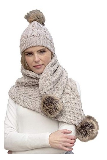 Aran Crafts Irish Cable Knit Wool Faux Fur Pom Pom Scarf 10"x64" X4965-OAT 