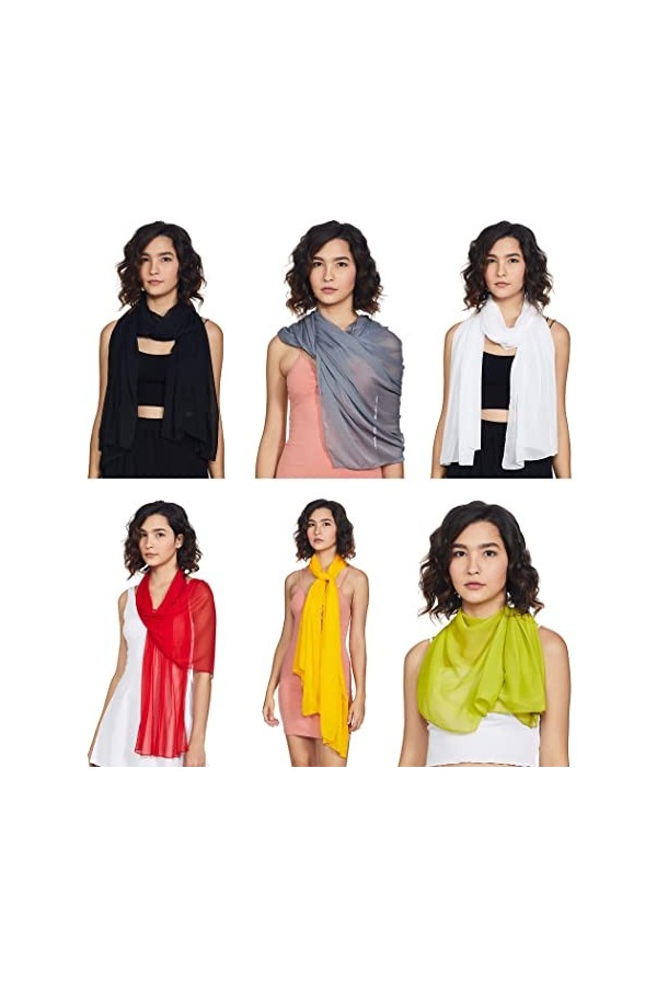 Stylore Écharpe en mousseline de soie légère et douce pour toutes les saisons, 6 pièces : noir, blanc, gris, rouge, jaune, ve