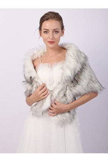 Sither Étole en fausse fourrure pour femme, châle dhiver et mariage en fausse fourrure blanche avec grise, écharpe en fourru