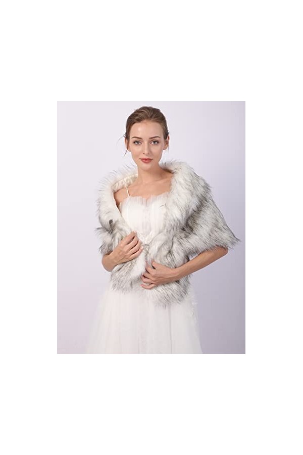 Sither Étole en fausse fourrure pour femme, châle dhiver et mariage en fausse fourrure blanche avec grise, écharpe en fourru