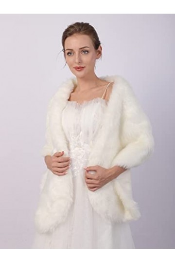Sither Châle en fausse fourrure blanche pour mariage dhiver avec broche en strass pour robes de soirée, gris, taille unique