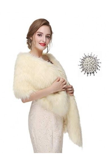 Sither Châle en fausse fourrure pour femme - Étole en fourrure synthétique avec broche en strass, Champagne clair, taille uni