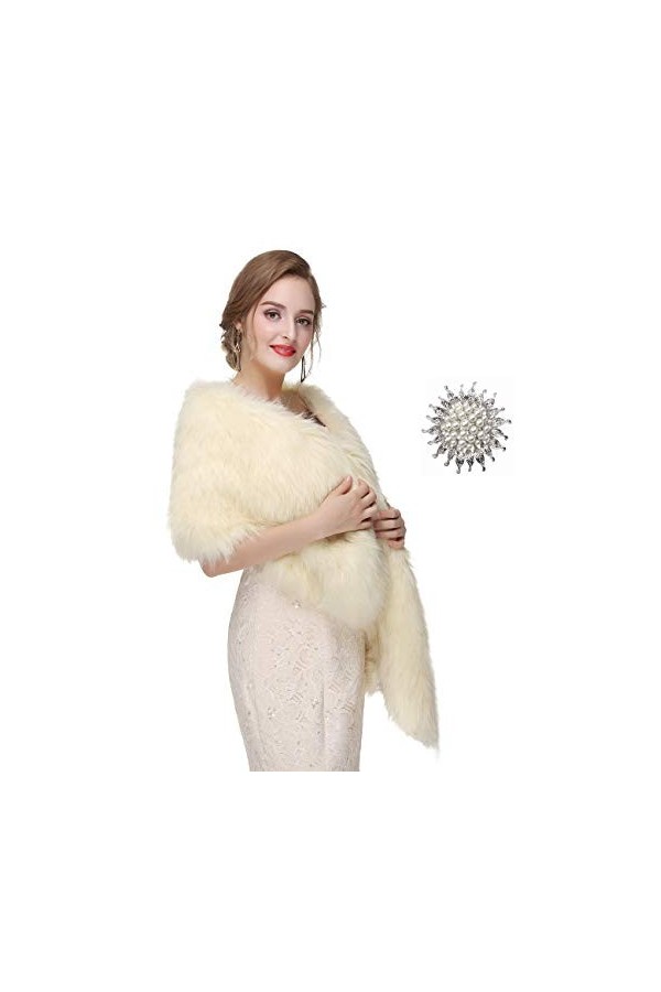 Sither Châle en fausse fourrure pour femme - Étole en fourrure synthétique avec broche en strass, Champagne clair, taille uni