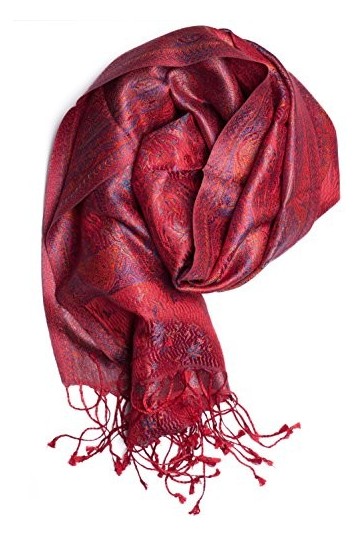 Foulard en 100% soie Pashmina de lInde pour femmes et hommes, motif cachemire, 160 x 35 cm - écharpe en soie pure, Rouge