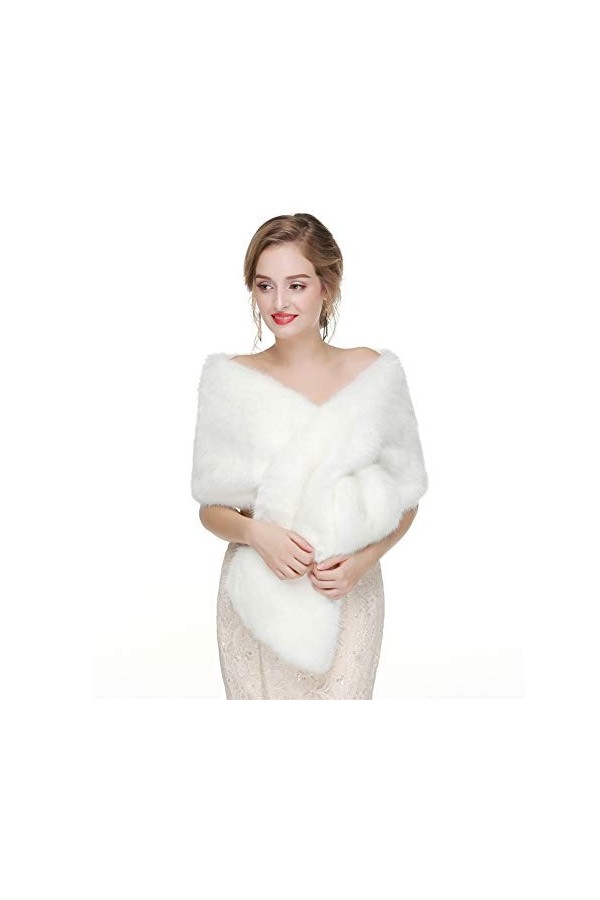 Ommda Femme de mariage Faux Fourrure Châle Chauffantes Mariée Soirée Hiver Écharpes Cape Manteau Cardiga blanc