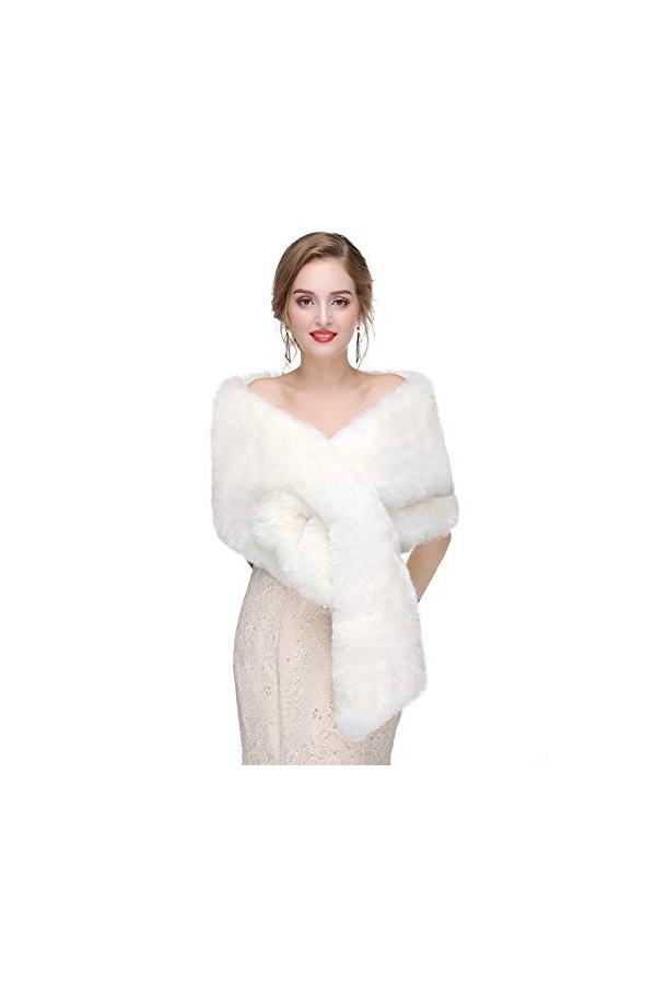Ommda Femme de mariage Faux Fourrure Châle Chauffantes Mariée Soirée Hiver Écharpes Cape Manteau Cardiga blanc