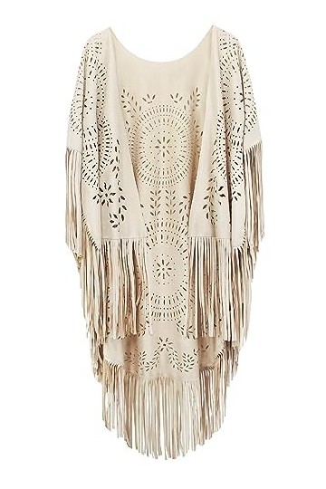 FEOYA Châle à Franges pour Femme Beige Poncho Ouvert en Daim Poncho Protection Solaire Été Etole Elégant Vintage Rétro Cape C