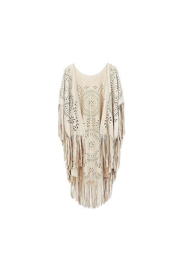 FEOYA Châle à Franges pour Femme Beige Poncho Ouvert en Daim Poncho Protection Solaire Été Etole Elégant Vintage Rétro Cape C