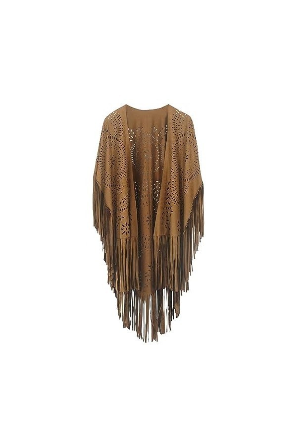 FEOYA Châle à Franges pour Femme Beige Poncho Ouvert en Daim Poncho Protection Solaire Été Etole Elégant Vintage Rétro Cape C