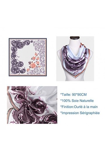 laprée - Foulard Femme Carré de Soie Bandana 14-Momme Motif Fleur 90 * 90cm Motif Fleur Couleur Turquoise Mist