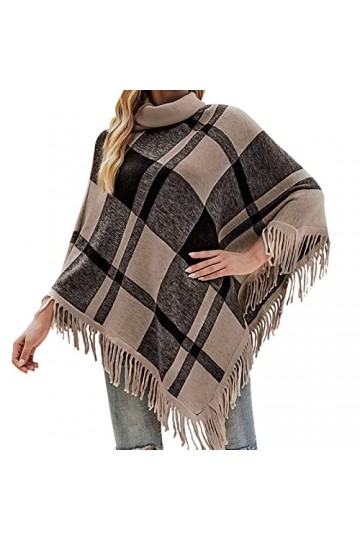 RILOOP Femmes automne hiver col roulé Plaid frangé Cape châle ample Faux Wrap hauts pour les femmes