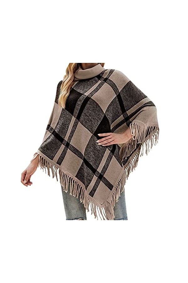 RILOOP Femmes automne hiver col roulé Plaid frangé Cape châle ample Faux Wrap hauts pour les femmes