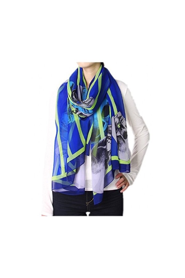 prettystern - 200cm X 70cm extra size frais couleur Crâne Neon impression longue écharpe de soie - Bleu