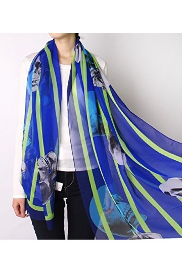 prettystern - 200cm X 70cm extra size frais couleur Crâne Neon impression longue écharpe de soie - Bleu