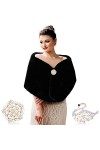 Enveloppe de Châle en Fausse Fourrure Écharpe Étoles Hiver Années 1920 Mariage Nuptiale avec 2 Broches en Strass Noir 