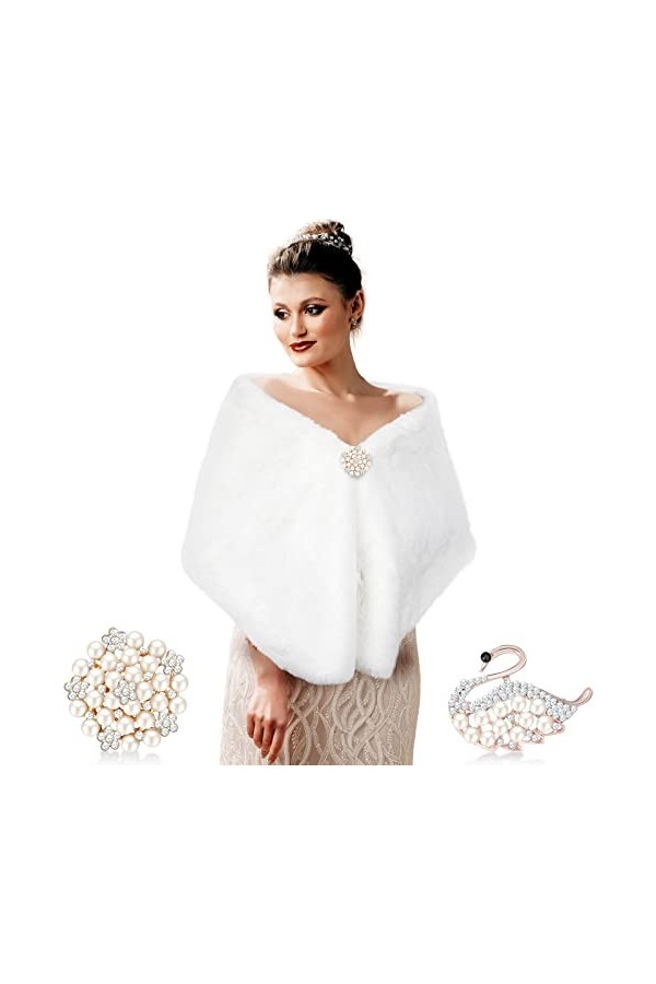 Enveloppe de Châle en Fausse Fourrure Écharpe Étoles Hiver Années 1920 Mariage Nuptiale avec 2 Broches en Strass Noir 