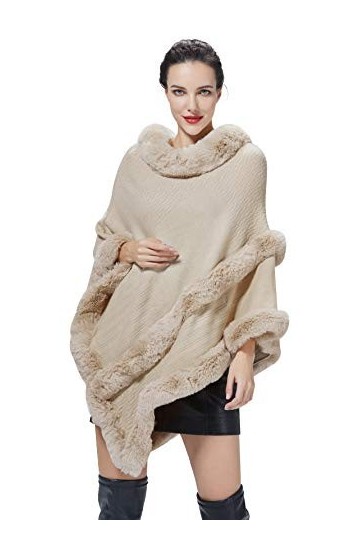 BEAUTELICATE Poncho Cape en Fausse Fourrure Tricoté Châle Étole Manteau pour Femme lautomne Hiver Chaud Noir Beige Rose S97 