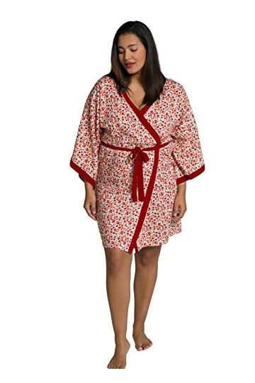 Ulla Popken Kimono Floral, col châle, Ceinture à Nouer Robe de Chambre, Alerte Scarlet, Unique Grande Taille Femme