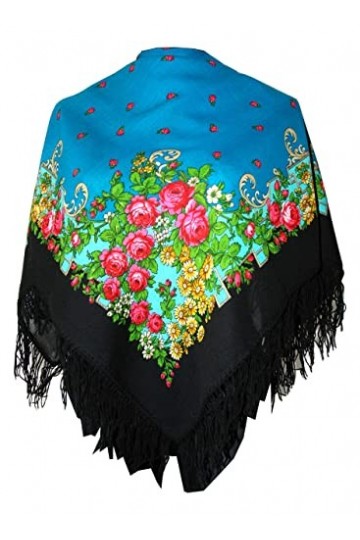Charmant châle russe authentique Pavlovo Posad russe Vintage Folk 100% laine avec franges en laine noir avec roses rouges 