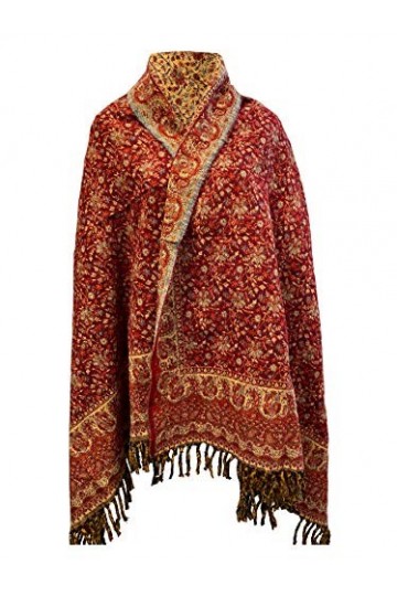 TIBET Écharpe dhiver en laine douce et chaude avec imprimé feuilles florales, marron et beige, bordeaux, taille unique