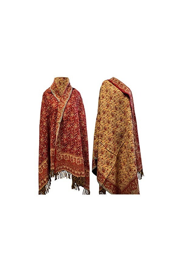 TIBET Écharpe dhiver en laine douce et chaude avec imprimé feuilles florales, marron et beige, bordeaux, taille unique