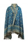 Écharpe dhiver en laine douce et chaude avec imprimé floral et feuilles - Fabriquée à la main - En pure laine de yak, bleu, 