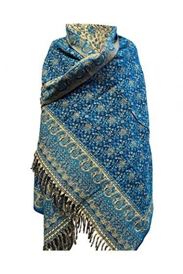 Écharpe dhiver en laine douce et chaude avec imprimé floral et feuilles - Fabriquée à la main - En pure laine de yak, bleu, 