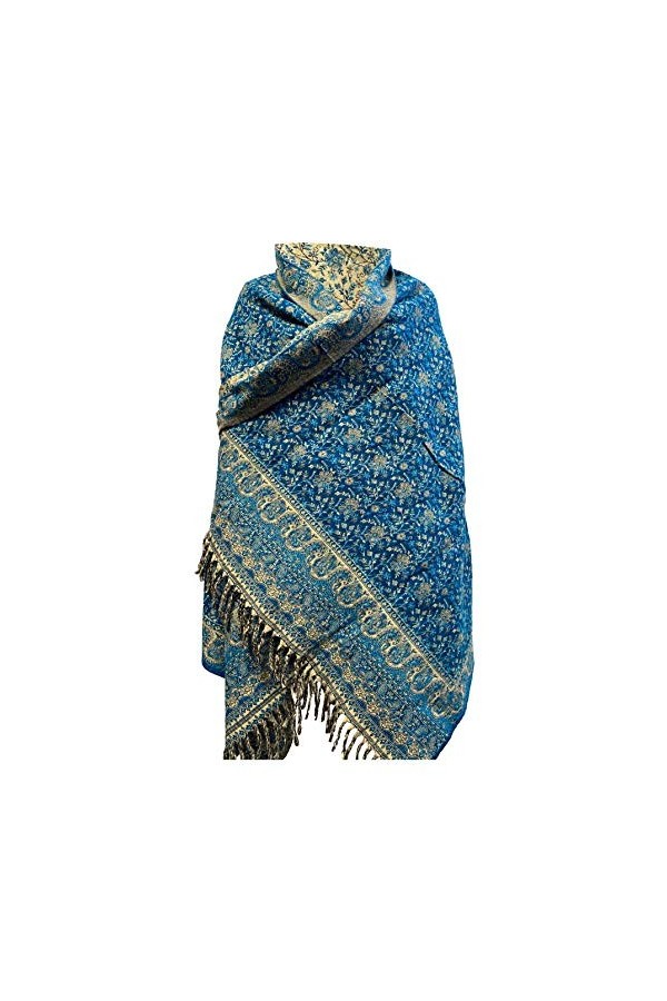 Écharpe dhiver en laine douce et chaude avec imprimé floral et feuilles - Fabriquée à la main - En pure laine de yak, bleu, 