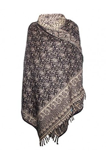 Foulard dhiver noir floral en pure laine de yak - Décoration unisexe surdimensionnée double face