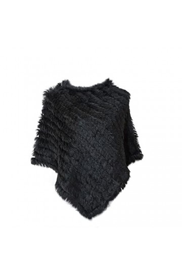CRIIFG SWAIT Tricoté Authentique Fourrure de Lapin Poncho Pullover Châle Black 