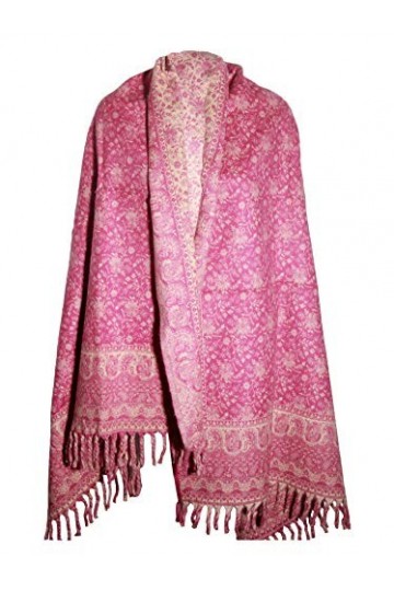 Écharpe rose à motif cachemire faite à la main en pure laine de yak de Tibet unisexe double face
