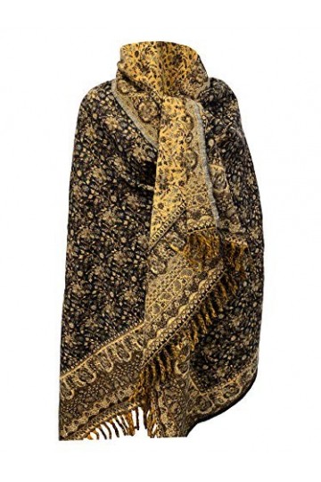 Écharpe dhiver en laine de yak pure, motif floral, unisexe, surdimensionnée, double face, cadeau, Noir , taille unique