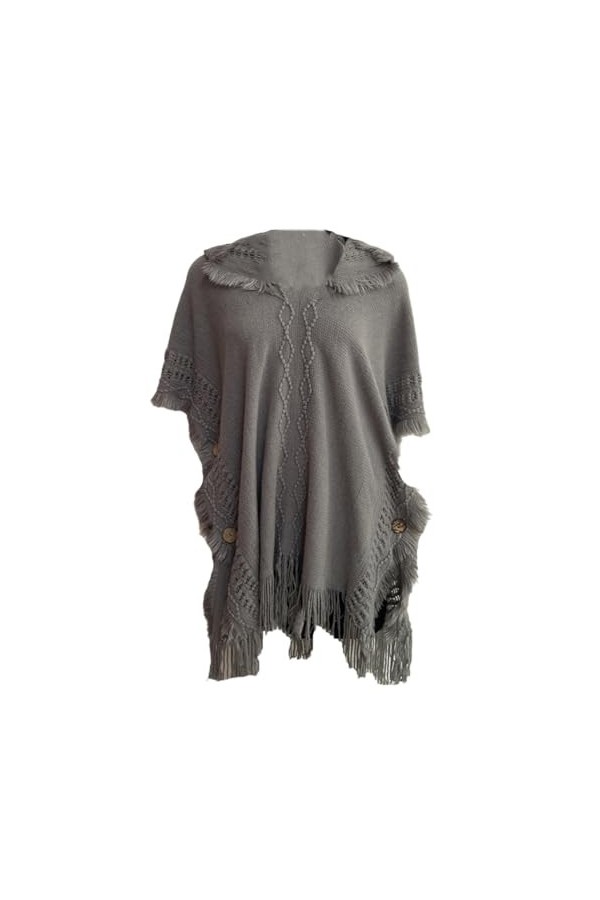 Vogrtcc Femmes Ethnique Asymétrique Frangé À Capuche Poncho Pull Manches Chauve-Souris Bouton Tricoté Cape Châle Wrap Cape