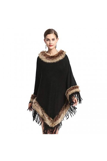 haashpylien Poncho Cape en Col de Fourrure Femme Tricot Châle Franges Foulard Echarpe Fausse Fourrure Chaud Cardigan Élégant 