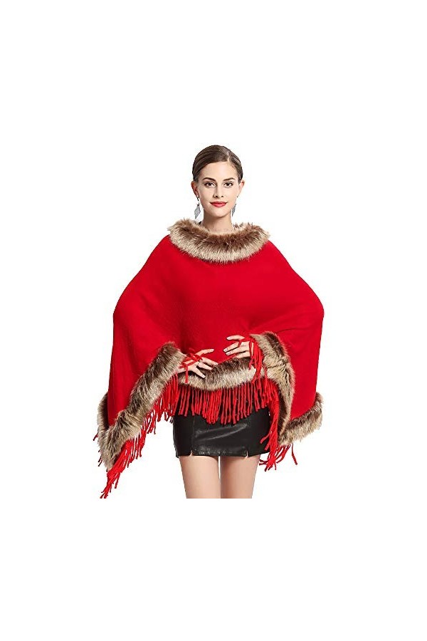 haashpylien Poncho Cape en Col de Fourrure Femme Tricot Châle Franges Foulard Echarpe Fausse Fourrure Chaud Cardigan Élégant 