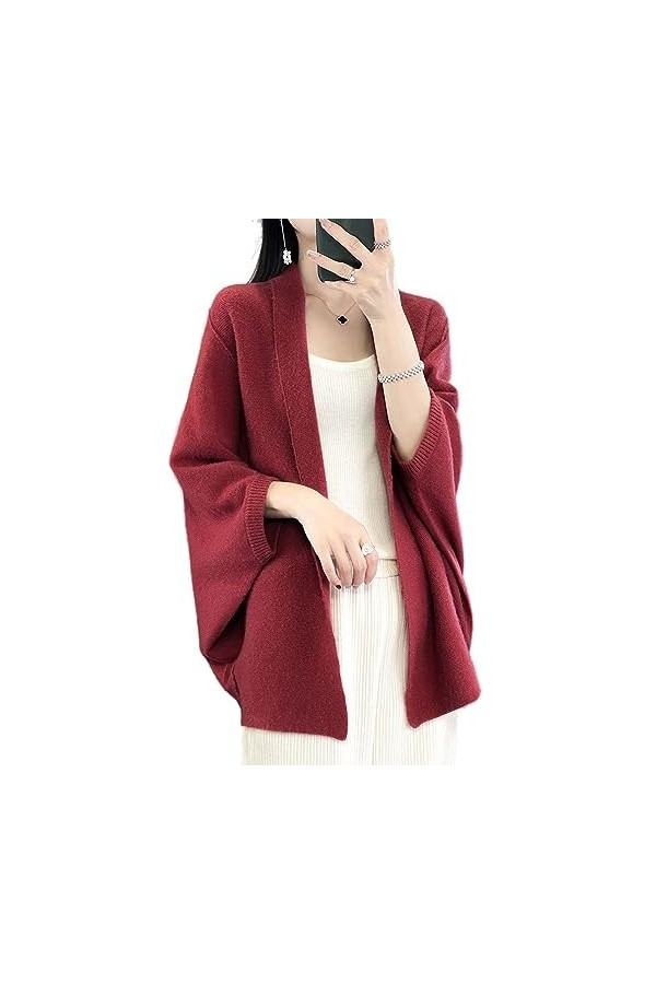 Pull châle en laine mérinos pour femme - Poncho Ruana ouvert sur le devant - Cape pour lautomne et lhiver, Rouge, Taille Un