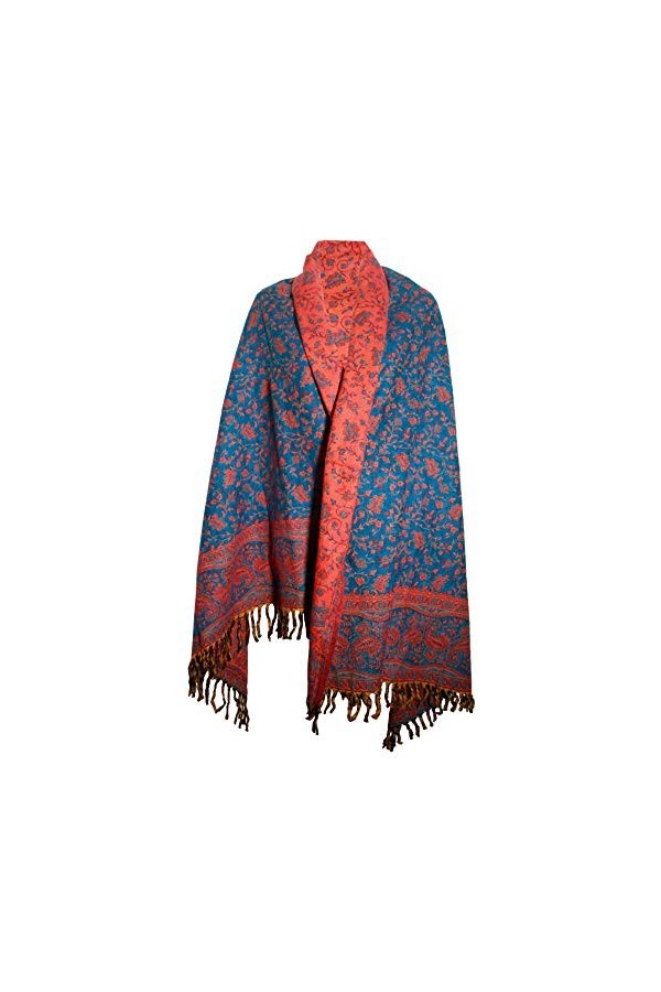Écharpe de luxe faite à la main en pure laine de yak - Motif floral - Orange - Bleu, Orange/bleu, taille unique
