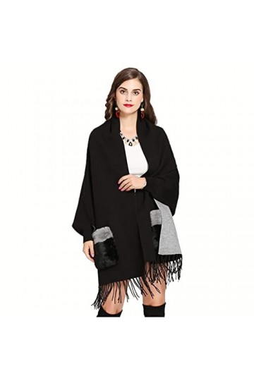 SUYGGCK Châle dhiver en imitation cachemire - Cape ample pour femme - Châle à manches pour femme - Poche en fourrure - Frang