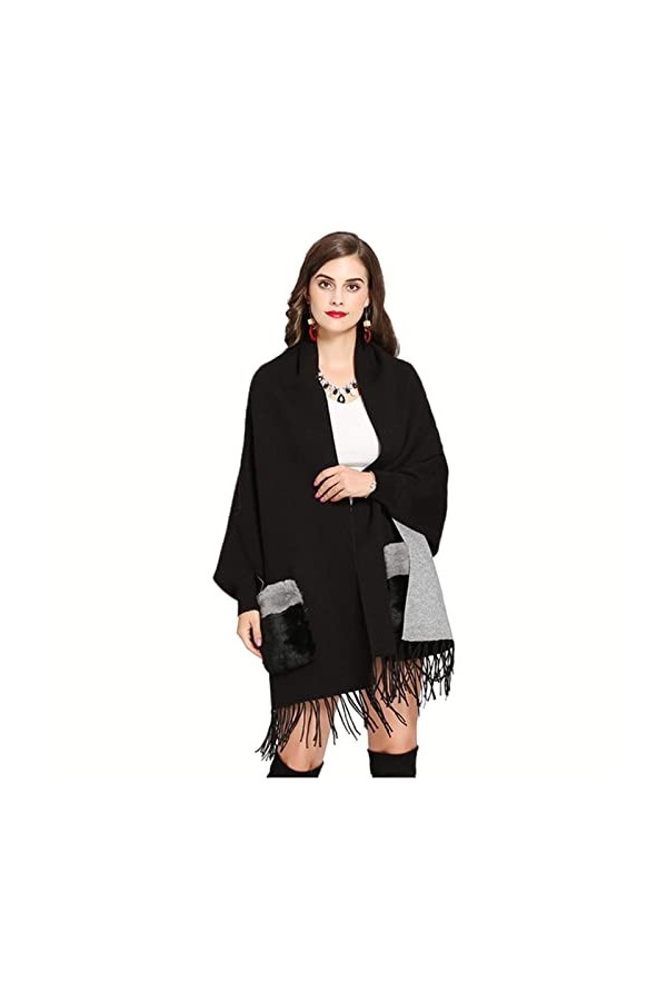 SUYGGCK Châle dhiver en imitation cachemire - Cape ample pour femme - Châle à manches pour femme - Poche en fourrure - Frang