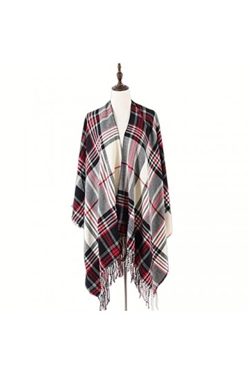 SUYGGCK Châle dhiver chaud pour femme, couverture à carreaux de buffle rouge, poncho surdimensionné, étole - Poncho bordeaux