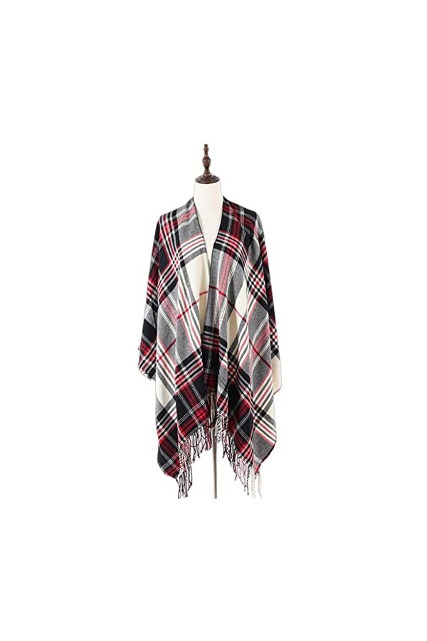 SUYGGCK Châle dhiver chaud pour femme, couverture à carreaux de buffle rouge, poncho surdimensionné, étole - Poncho bordeaux