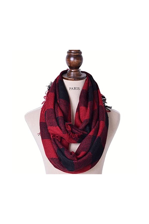 SUYGGCK Châle dhiver chaud pour femme, couverture à carreaux de buffle rouge, poncho surdimensionné, étole - Poncho bordeaux