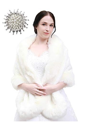 Seither Châle en fausse fourrure pour femme - Couverture de mariage dhiver en fausse fourrure avec broche en strass pour rob