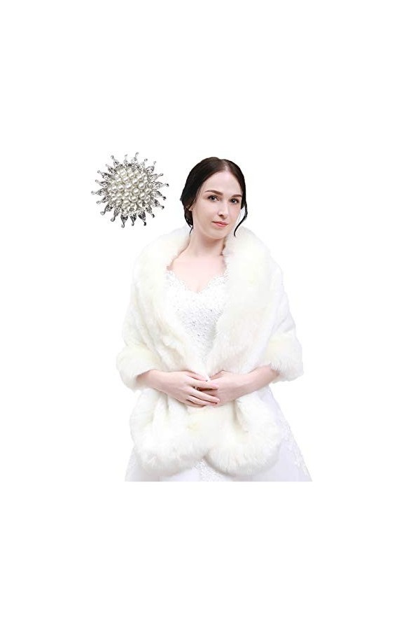 Seither Châle en fausse fourrure pour femme - Couverture de mariage dhiver en fausse fourrure avec broche en strass pour rob