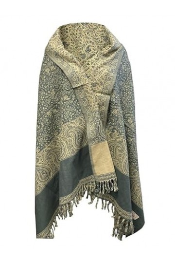 TI Écharpe vintage en laine de yak pure, motif floral, bleu pâle, décoration en laine, unisexe, surdimensionnée, double face,