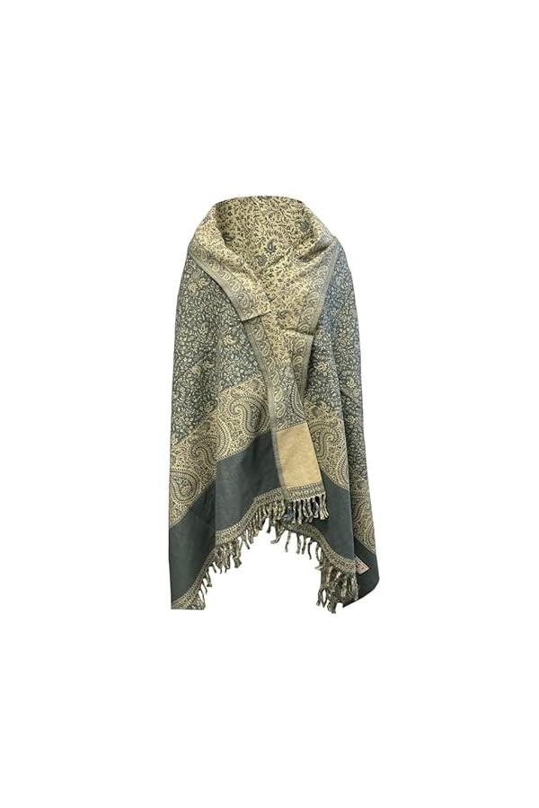 TI Écharpe vintage en laine de yak pure, motif floral, bleu pâle, décoration en laine, unisexe, surdimensionnée, double face,